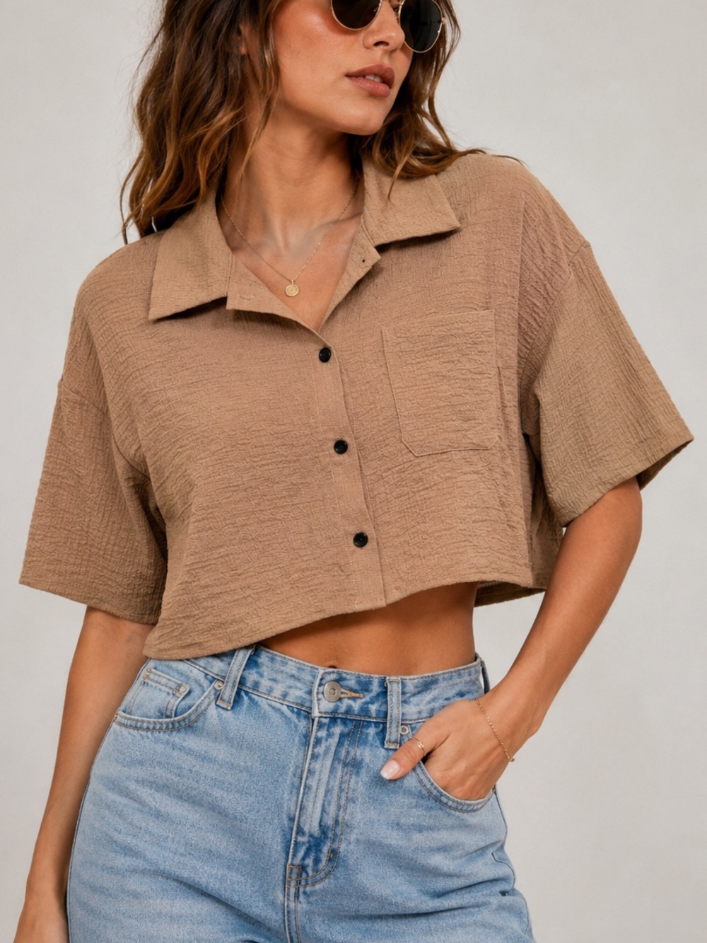 SHEIN Textured Linen Like Crop Top Brown Button Up Boxy Women’s XS